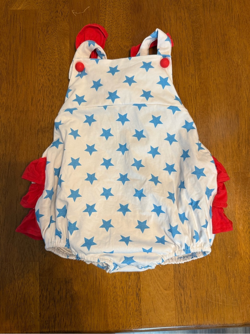 Stitchy Fish Star Romper with Red Ruffle Trim